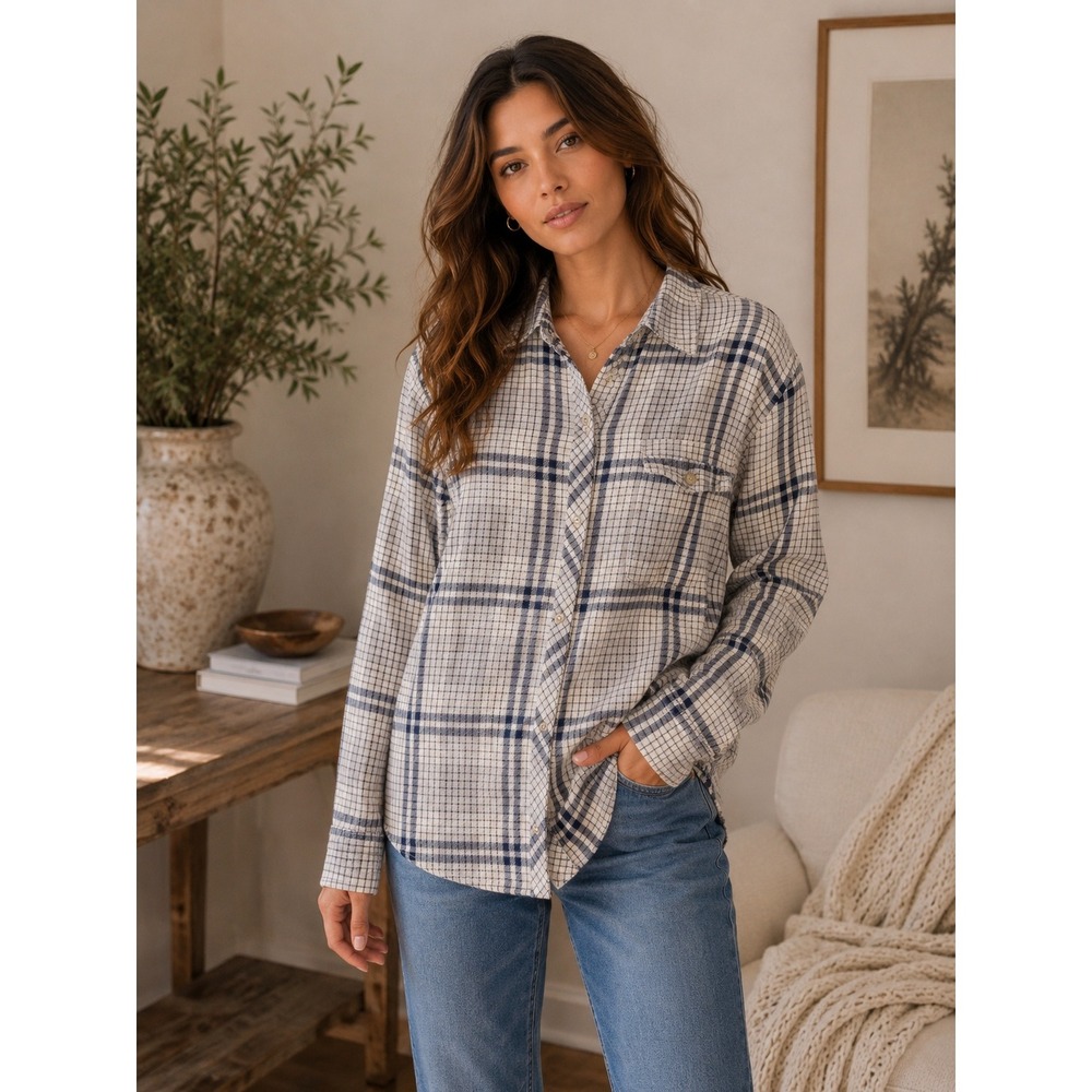 BDG Shirt Women Large Blue Plaid Button Down Flannel Grunge Gorpcore